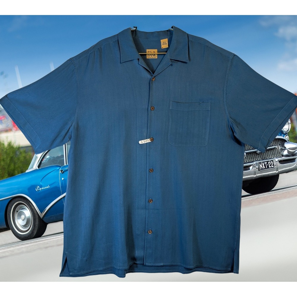 Jos A Bank VTG XL 1990s Silk Herringbone Short Sleeve Loop Camp Collar Shirt